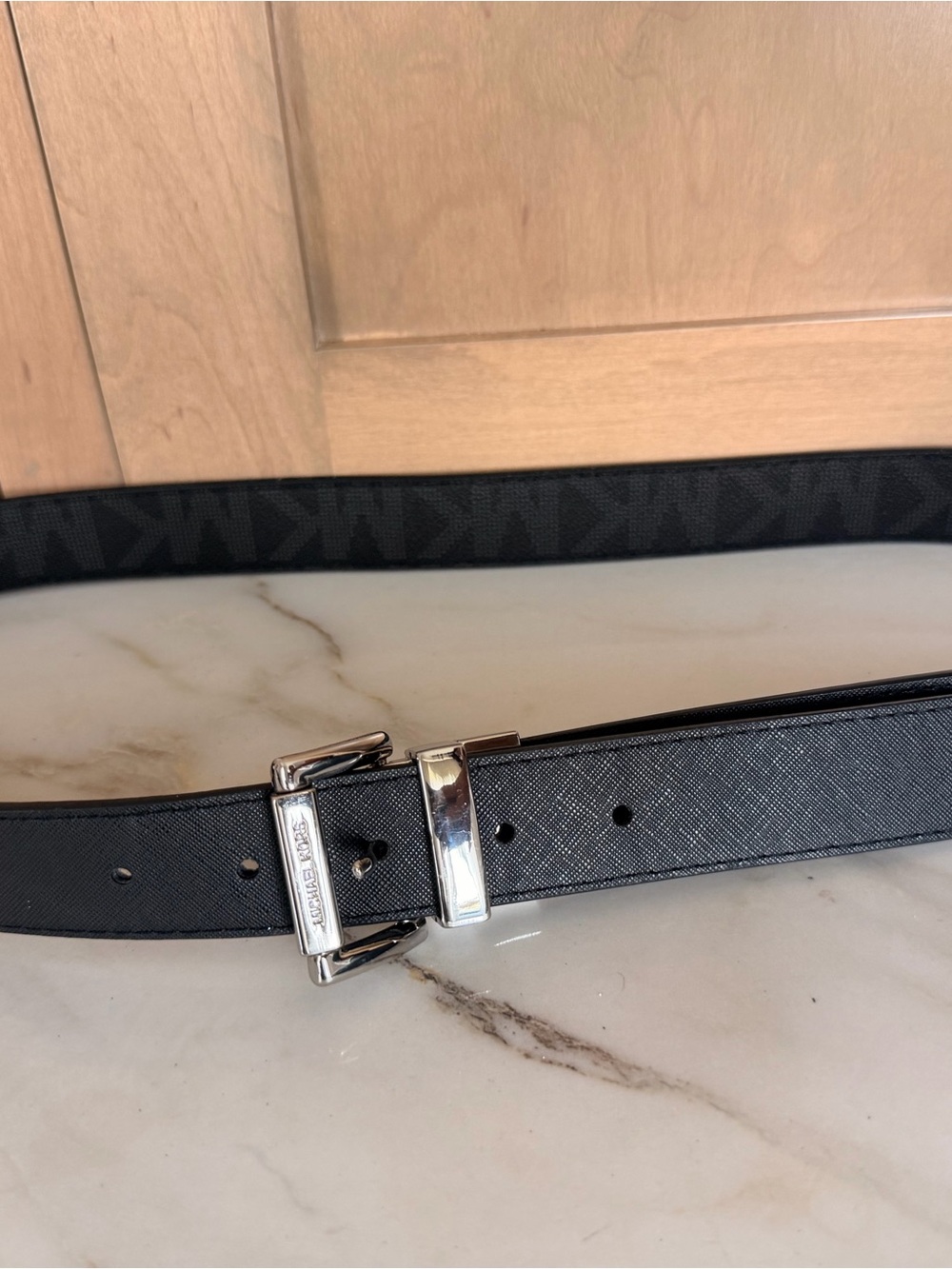 Michael Kors Black Men’s Leather Belt with Silver Buckle